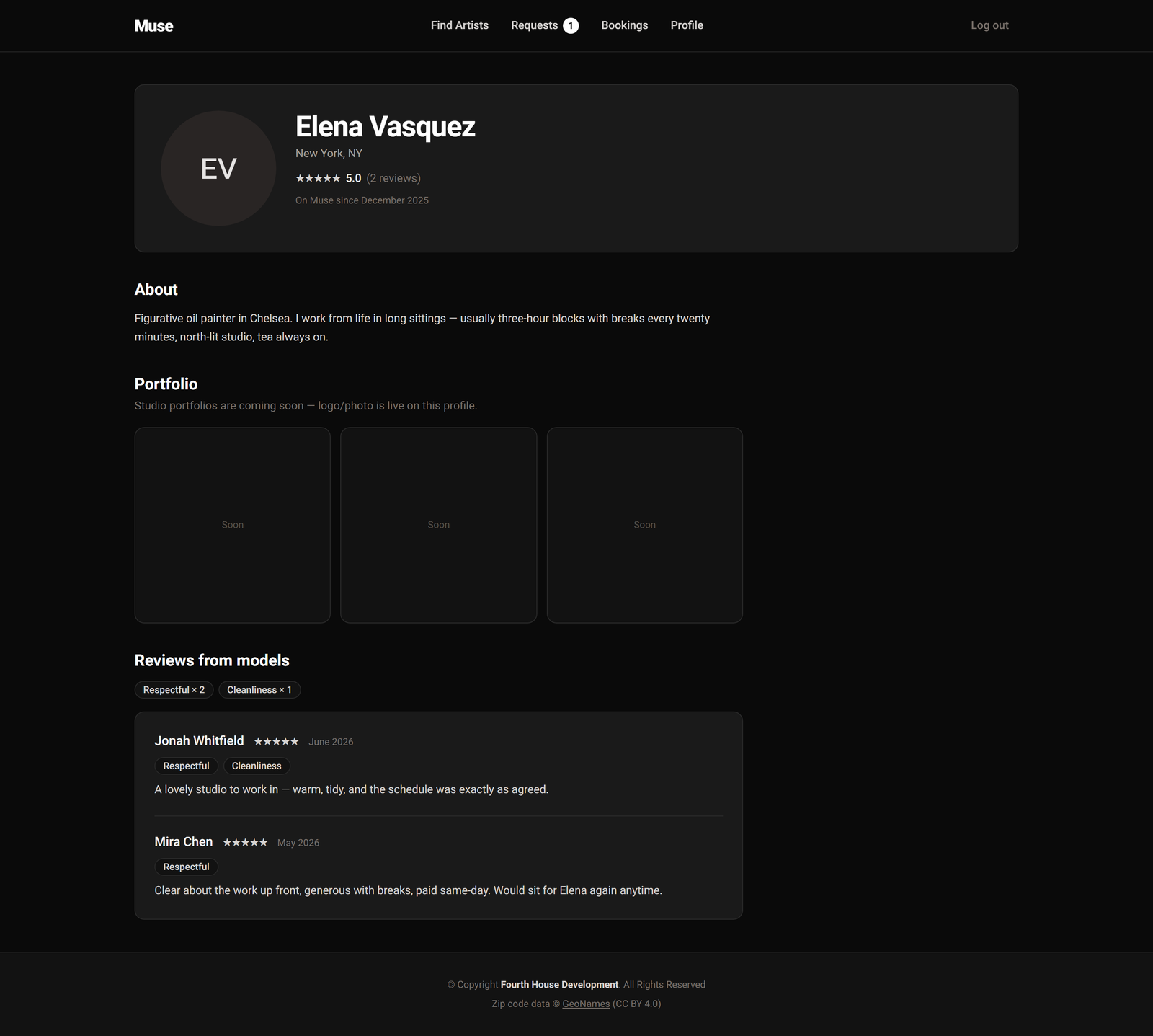 An artist profile page with bio, portfolio placeholders, and reviews from models with tags.
