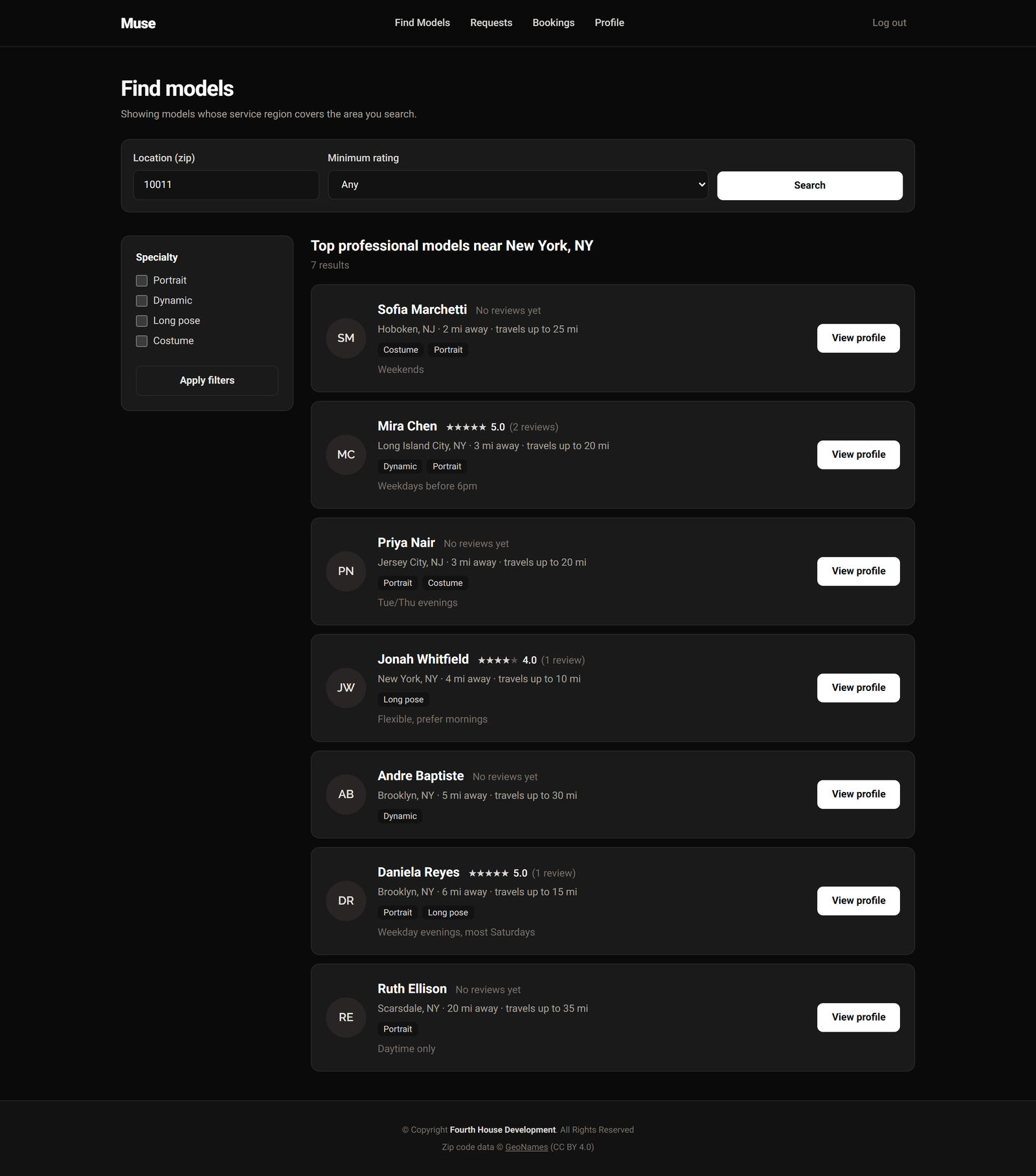 The Muse model directory, showing models near New York with specialties, ratings, and travel radius.