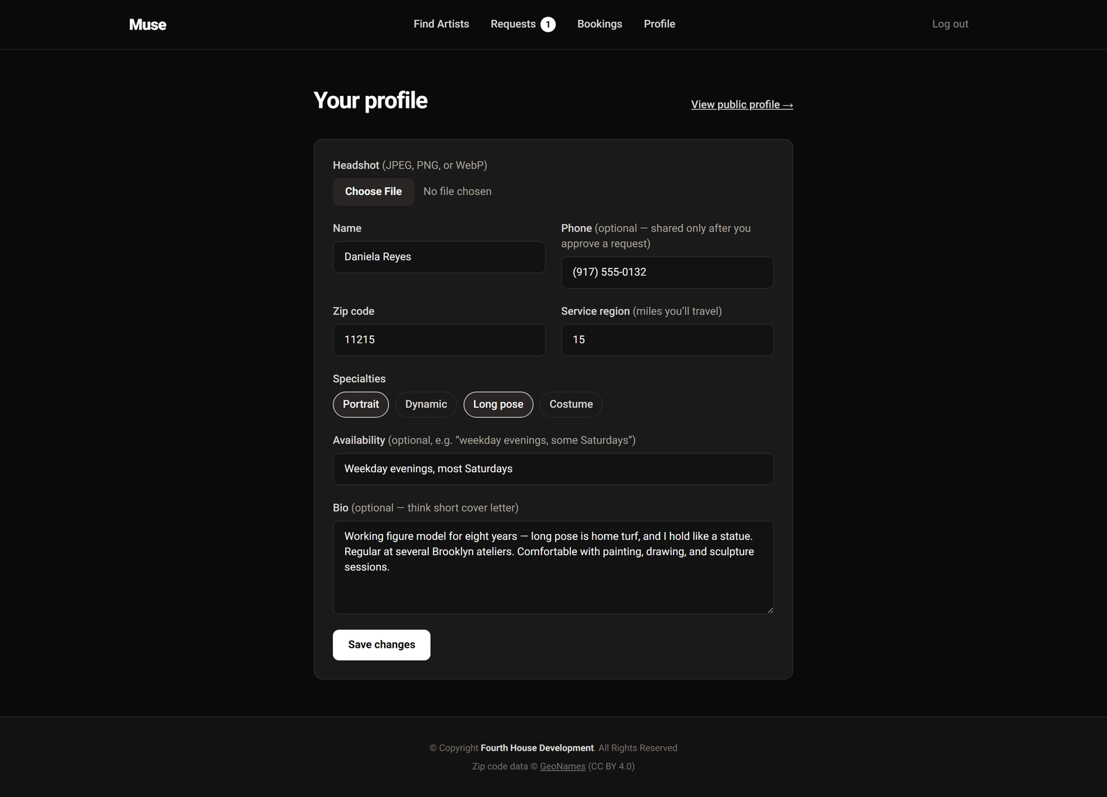 The profile editor with fields for headshot, name, phone, zip code, service region, specialties, availability, and bio.