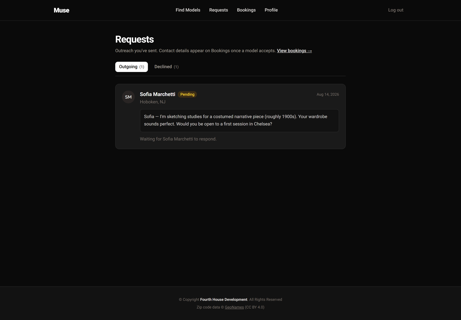An artist's requests page showing outgoing and declined tabs with a pending outreach message.