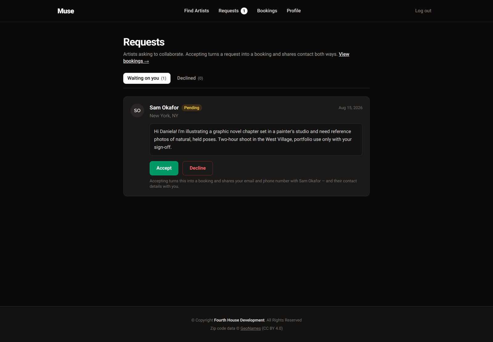A model's requests page with a pending invitation from an artist and Accept and Decline buttons.